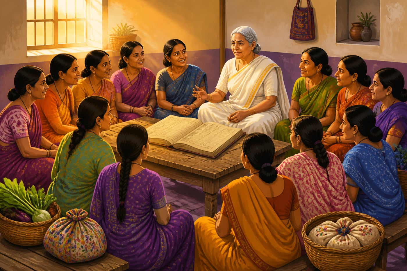 Ela Bhatt meeting SEWA women cooperative members
