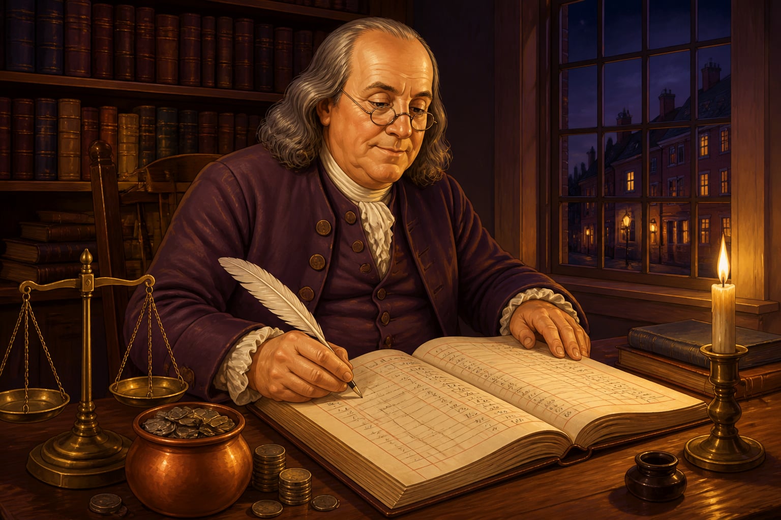 Benjamin Franklin writing thrift ledger at night
