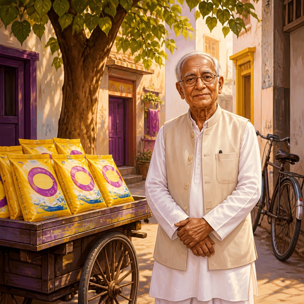 Karsanbhai Patel with detergent packets in neighbourhood