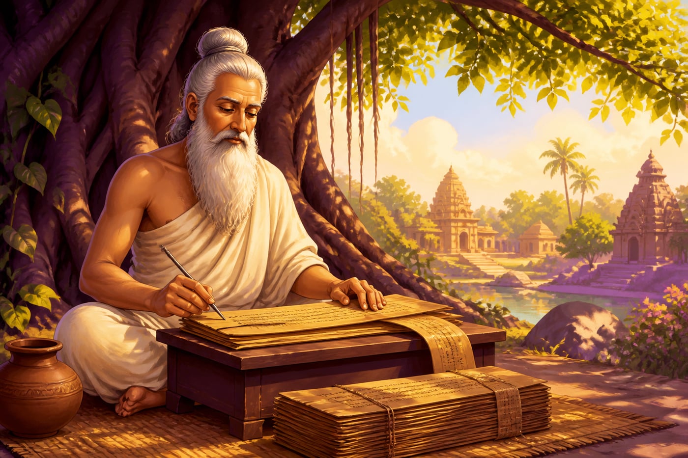 Thiruvalluvar composing kurals on palm leaves