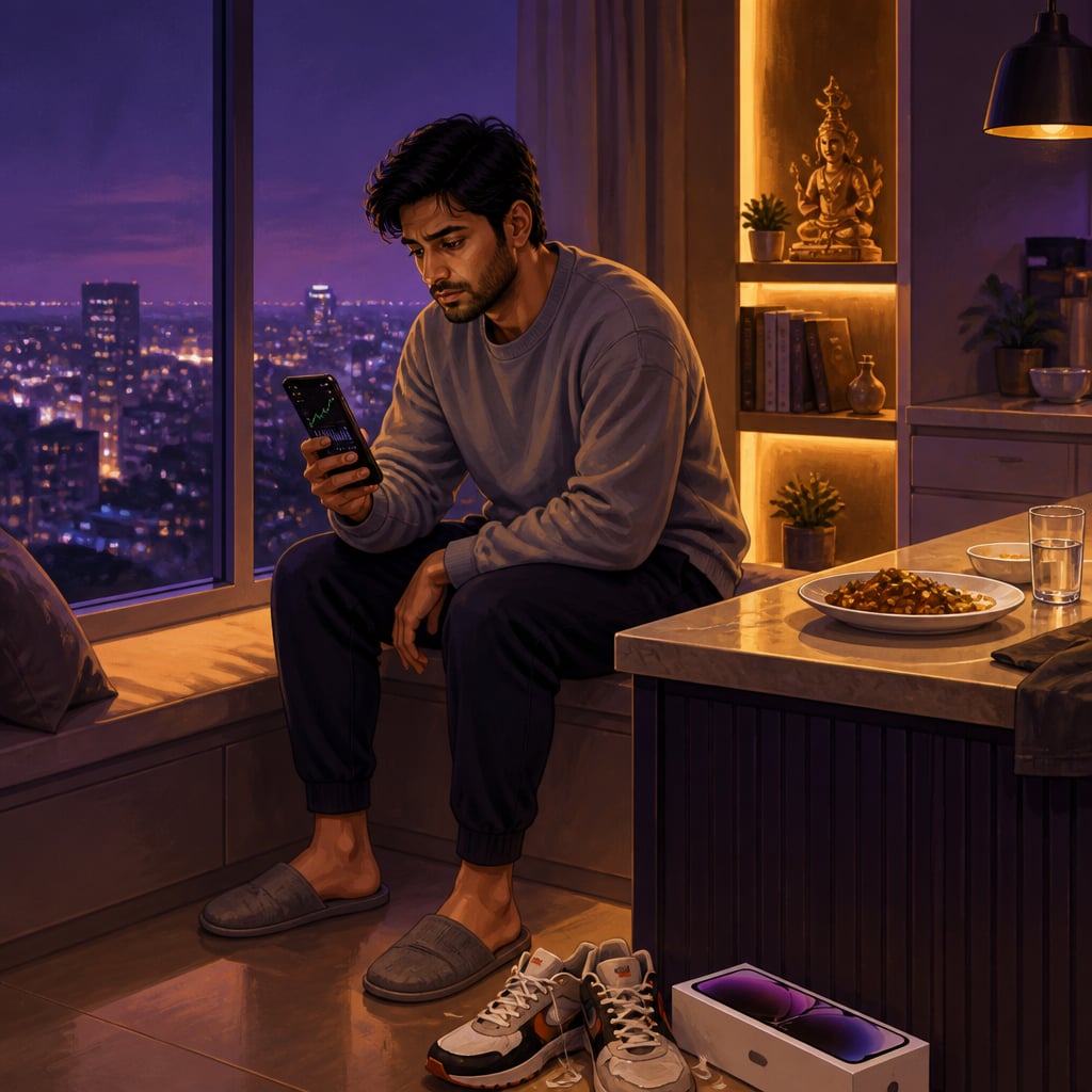 Urban professional restless among expensive possessions