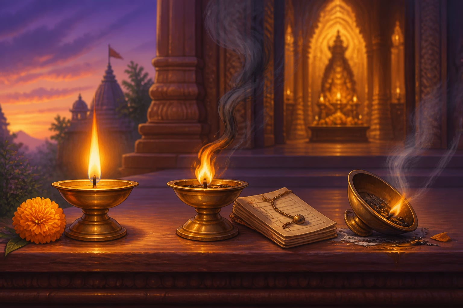 Three diyas representing sattvic rajasic tamasic giving