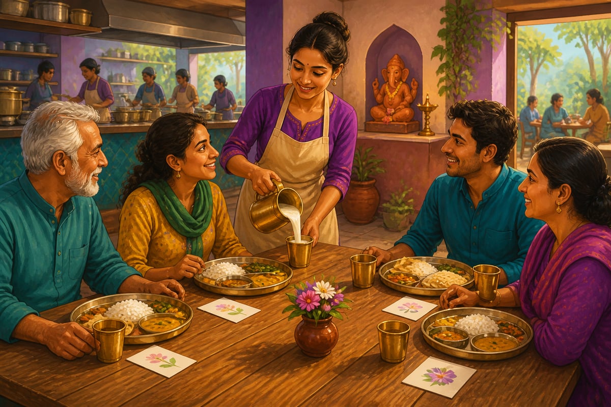 Strangers sharing meals at Karma Kitchen communal table