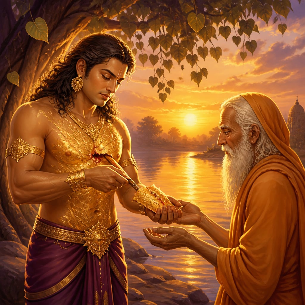 Karna giving his divine armour to Indra disguised as Brahmin