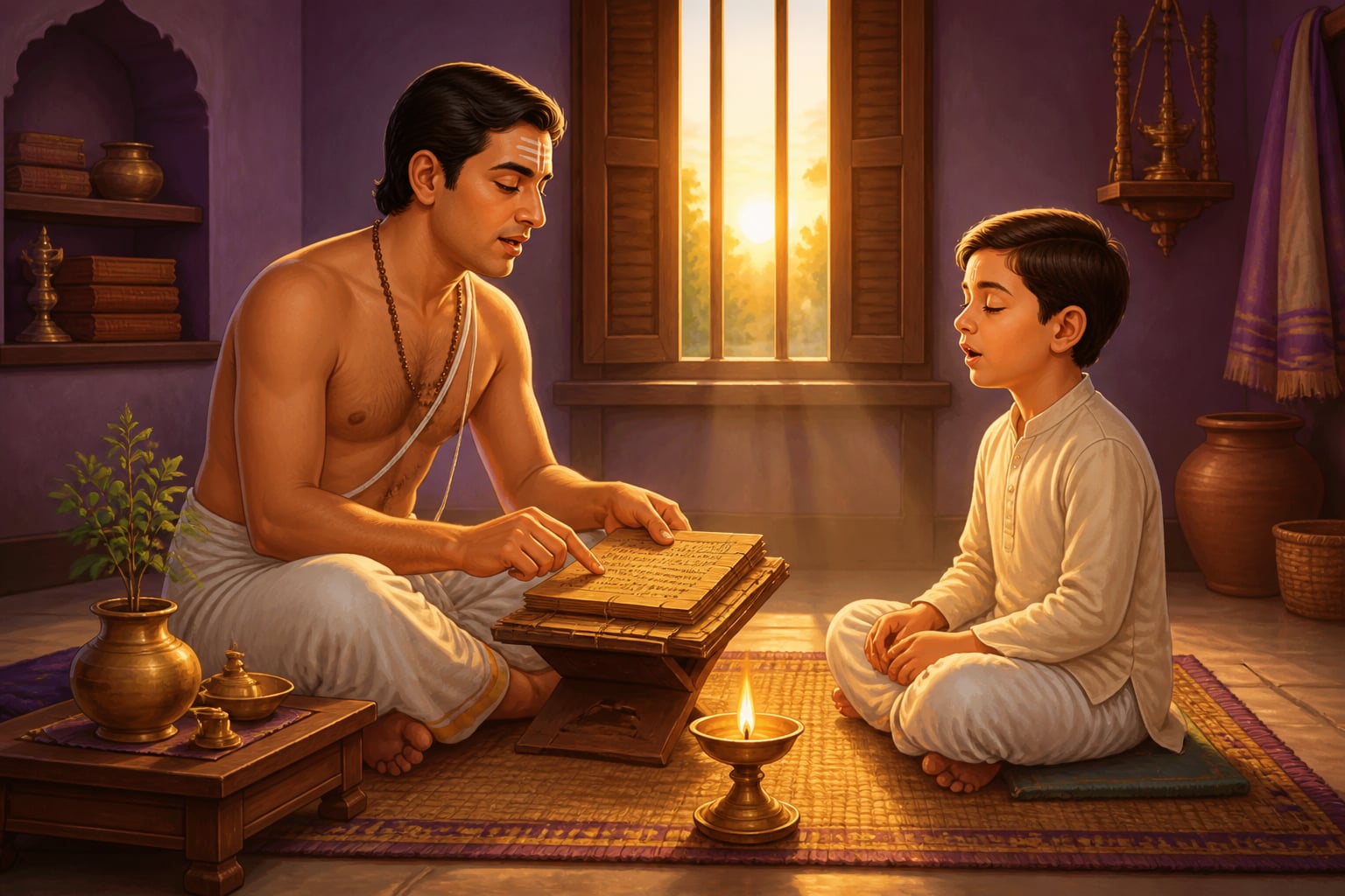 Father teaching son Vedic verse by oil lamp at home study