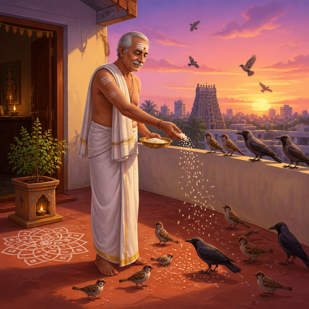 Sundaram Iyer feeding birds at dawn on Chennai terrace