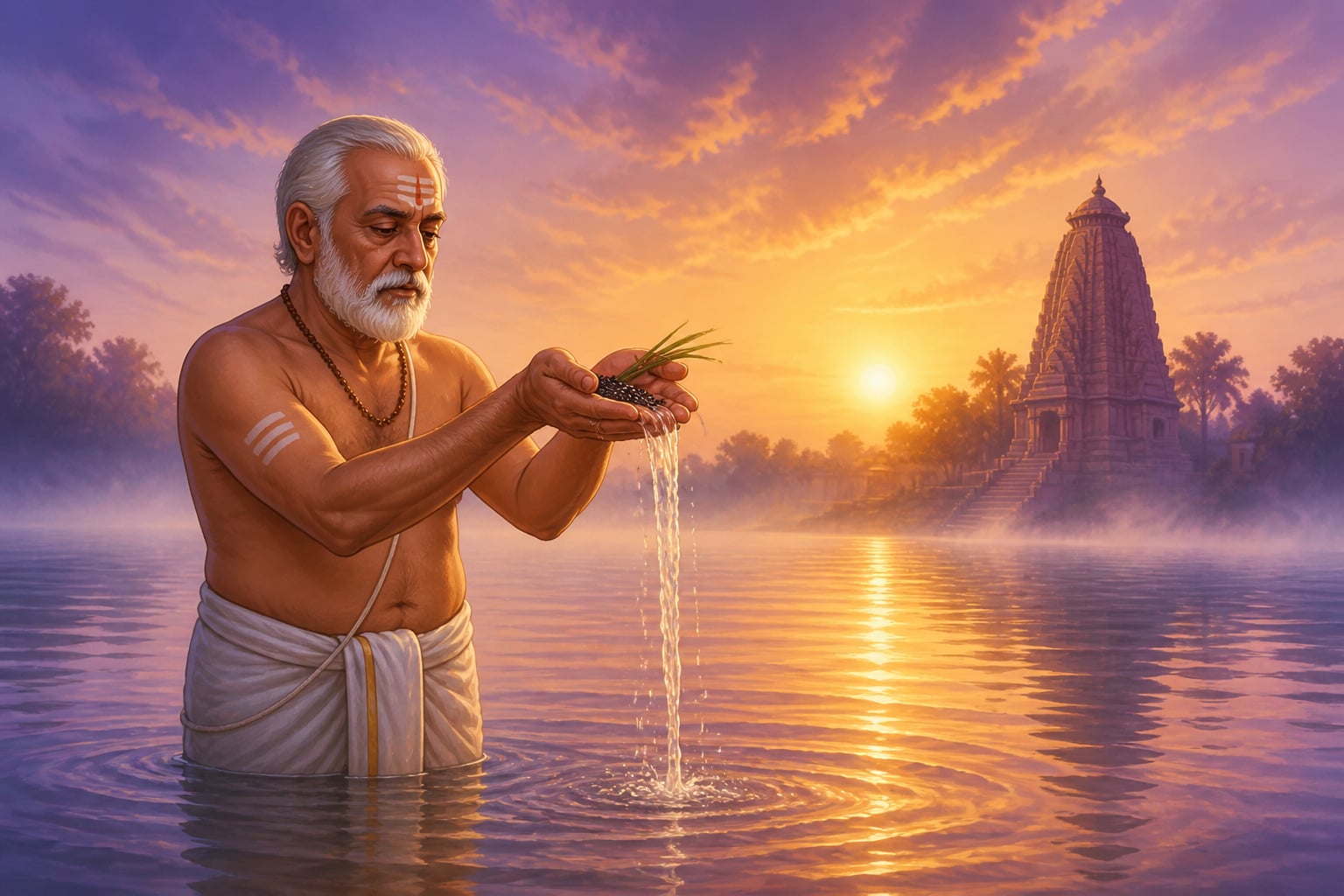 Elder performing tarpana water offering in river at dawn