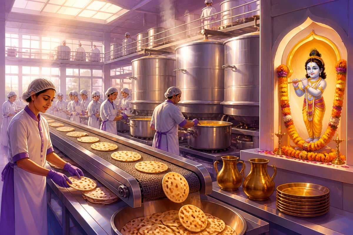 Akshaya Patra central kitchen with industrial rice vessels and roti conveyor