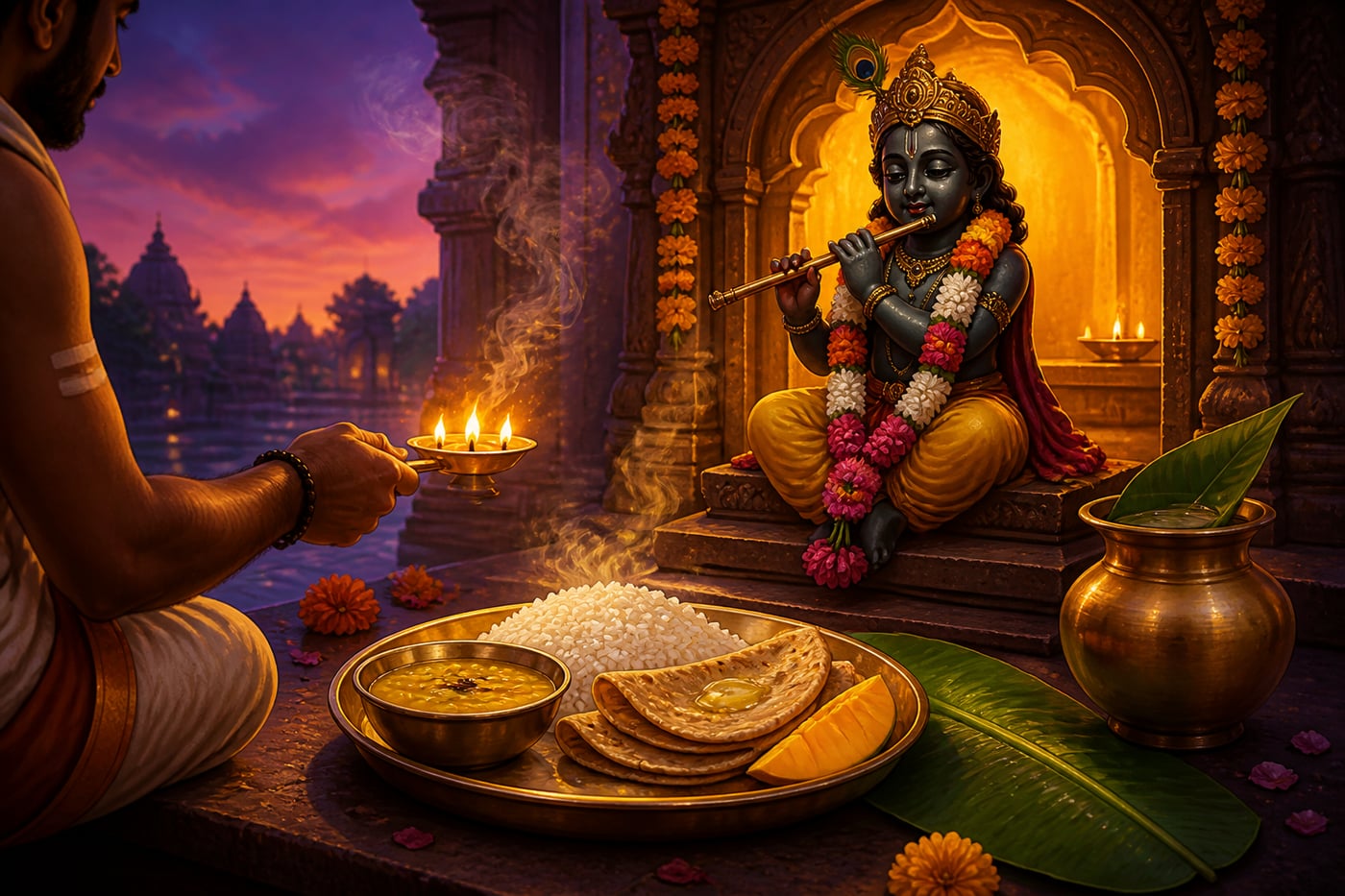 Brass thali of food offered before Krishna murti as prasadam