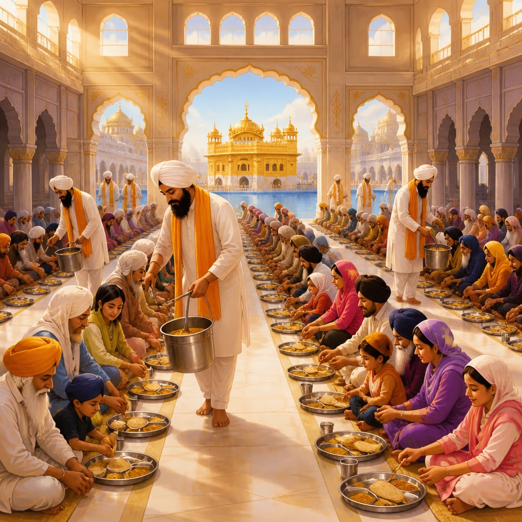 Pilgrims eating in rows in the Golden Temple langar hall