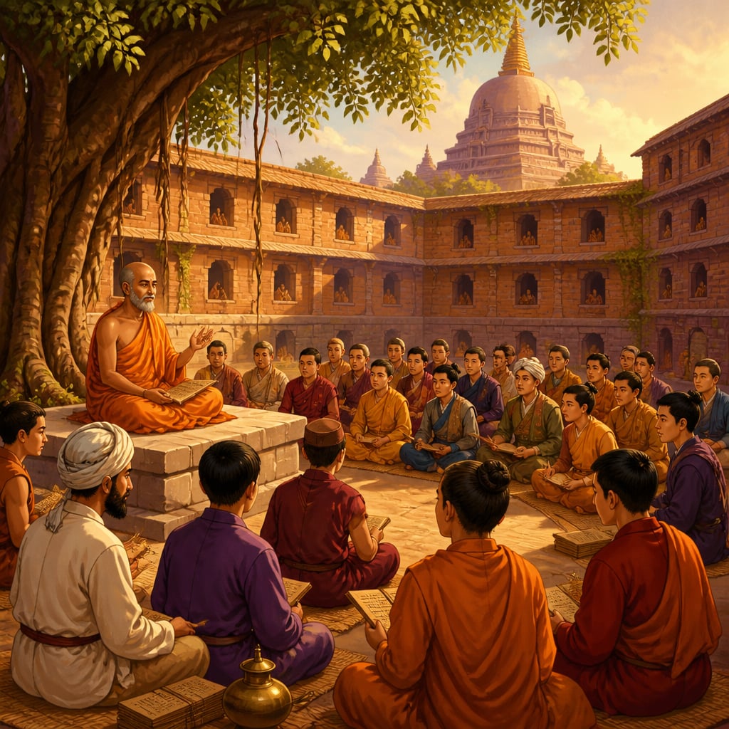 Nalanda acharya teaching students from many lands under banyan tree