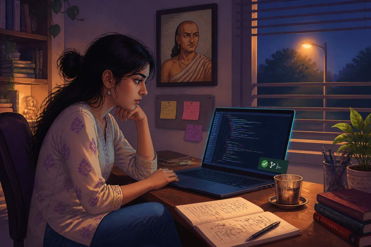 Young Indian engineer contributing to open-source code at her desk