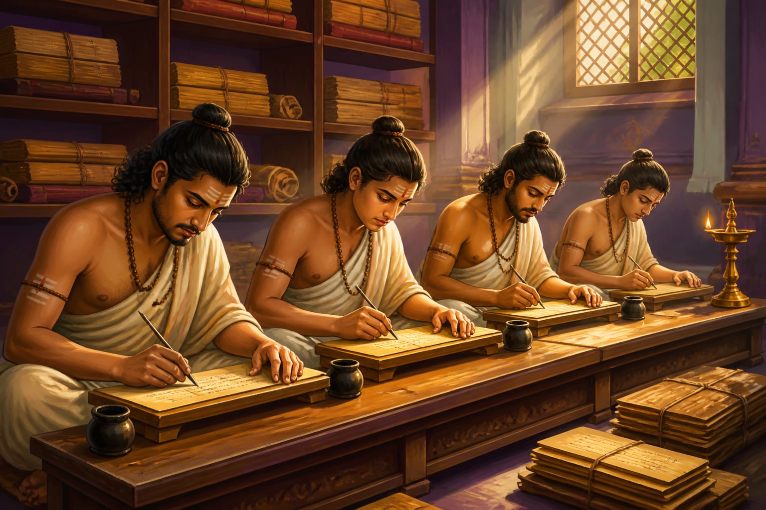 Scribes incising Sanskrit verses on palm-leaf manuscripts in monastery library