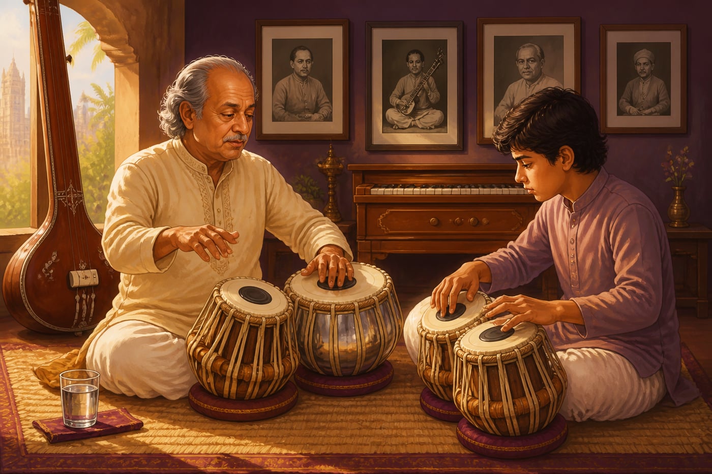 Senior tabla guru transmitting a bol to his young shishya in Mumbai music room