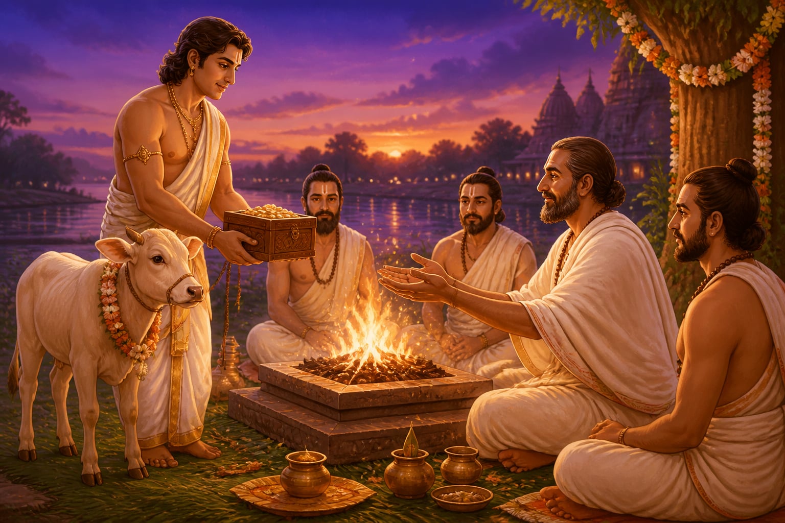 Vedic yajamana offering gold and calf as dakshina to ritviz priest at fire altar