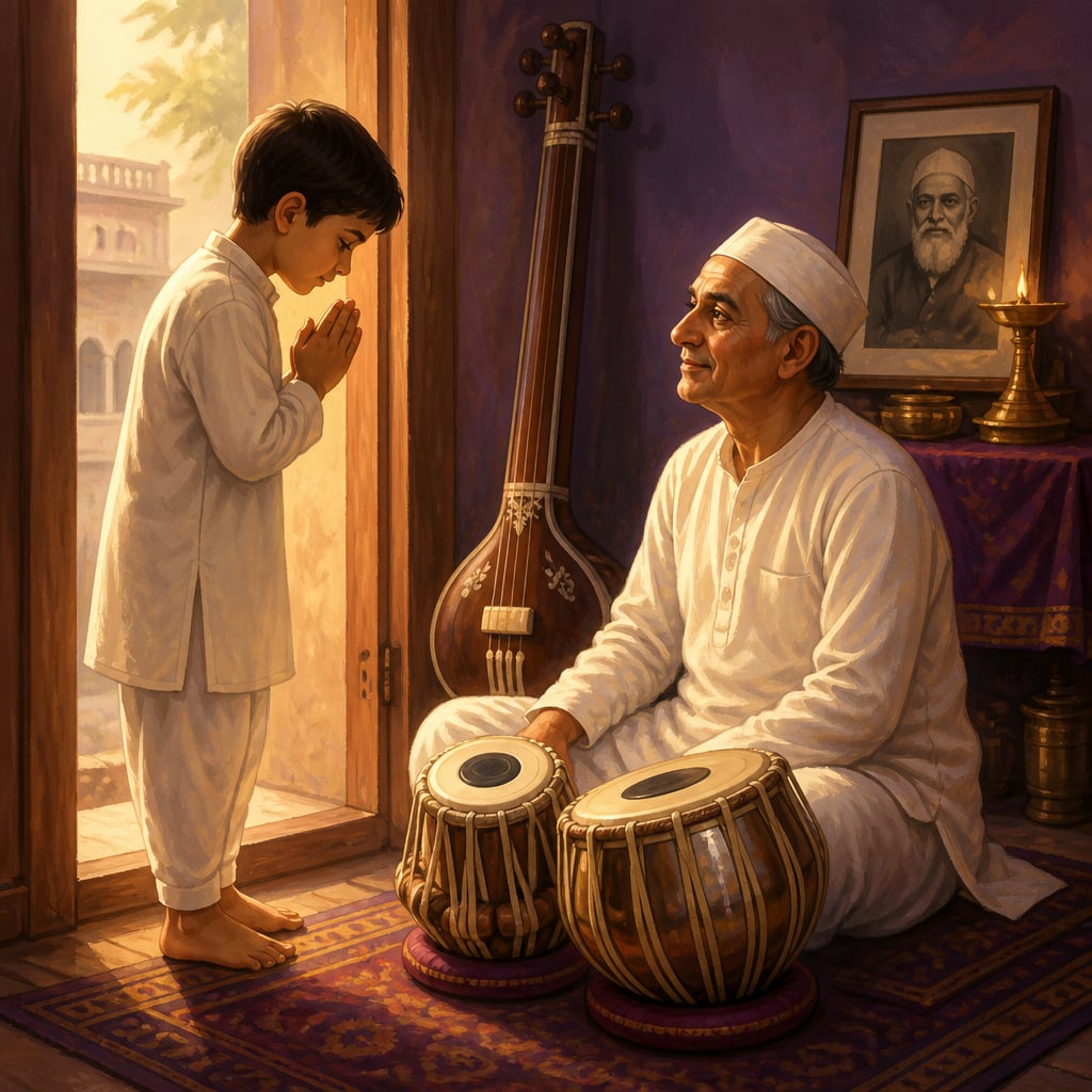 Young Zakir Hussain at Ustad Allarakha's threshold seeking discipleship