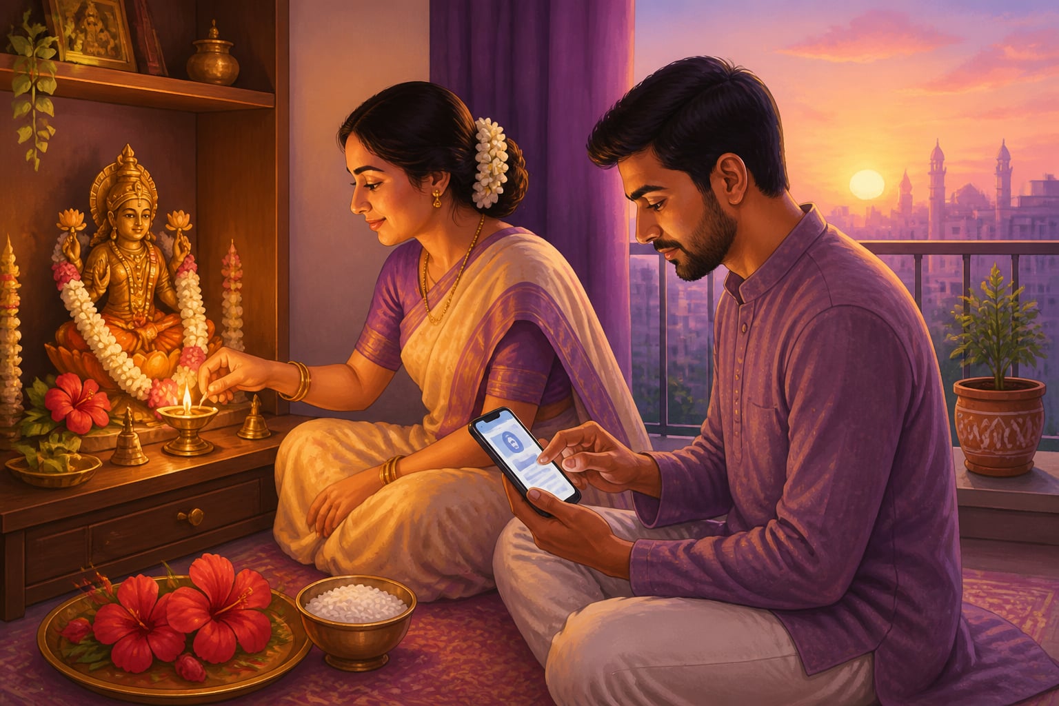 Couple combining morning puja with a recurring UPI donation