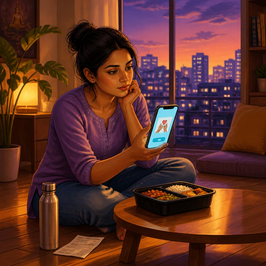 Young professional weighing a Swiggy charity donation prompt on her phone