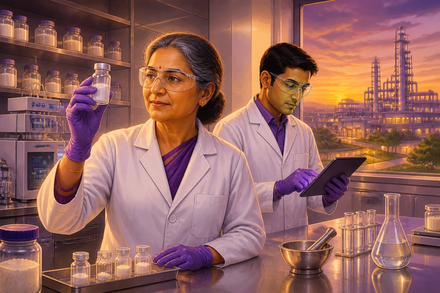 Divi's Laboratories scientist examining a medicine vial