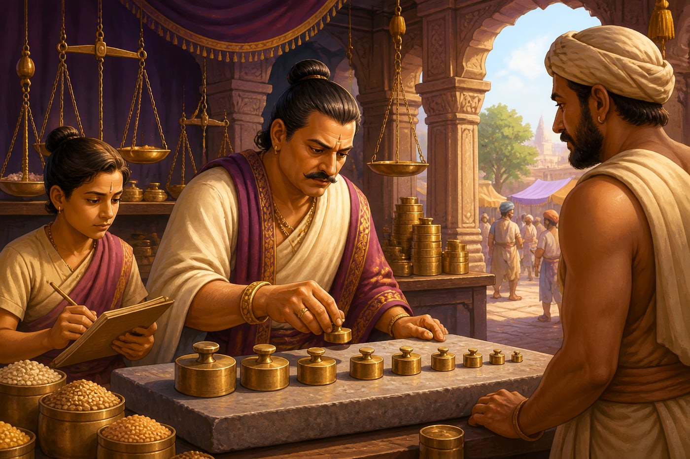 Kautilya's Manadhyaksha inspecting standardized weights