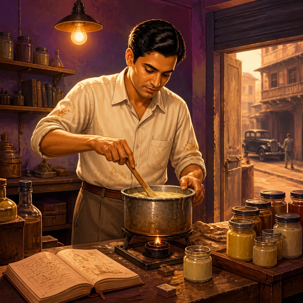 Balvantrai Parekh mixing adhesive in his Mumbai workshop