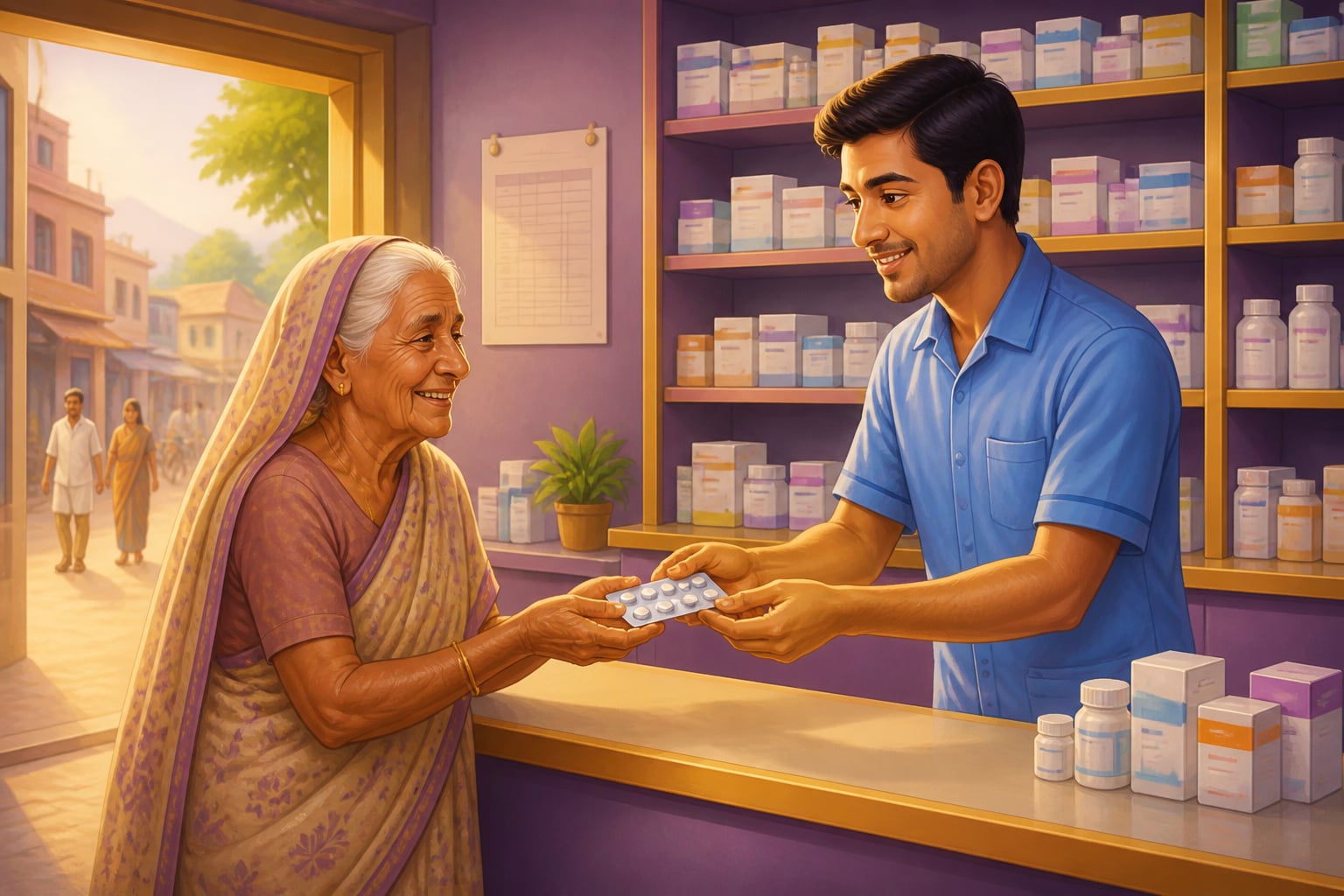 Elderly woman receiving affordable medicines at Jan Aushadhi