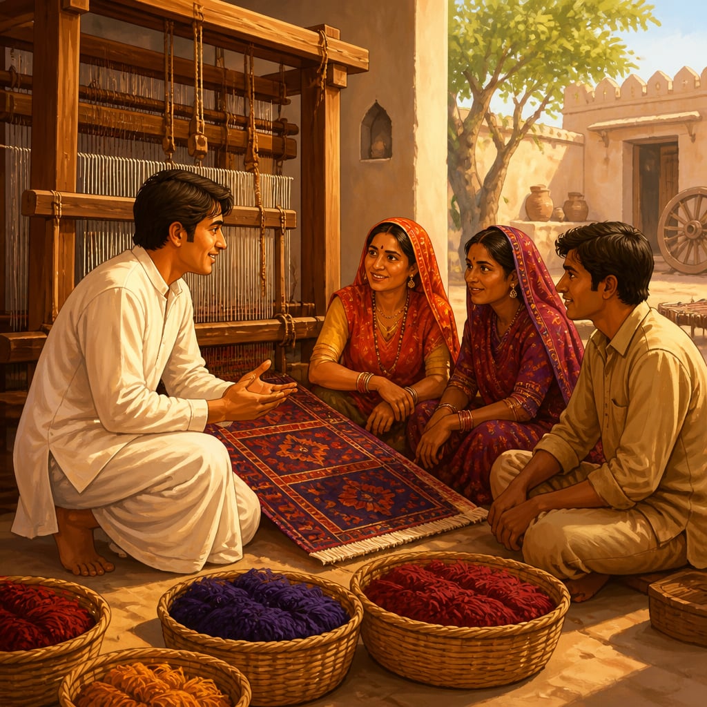 Nand Kishore Chaudhary with weavers at Jaipur Rugs