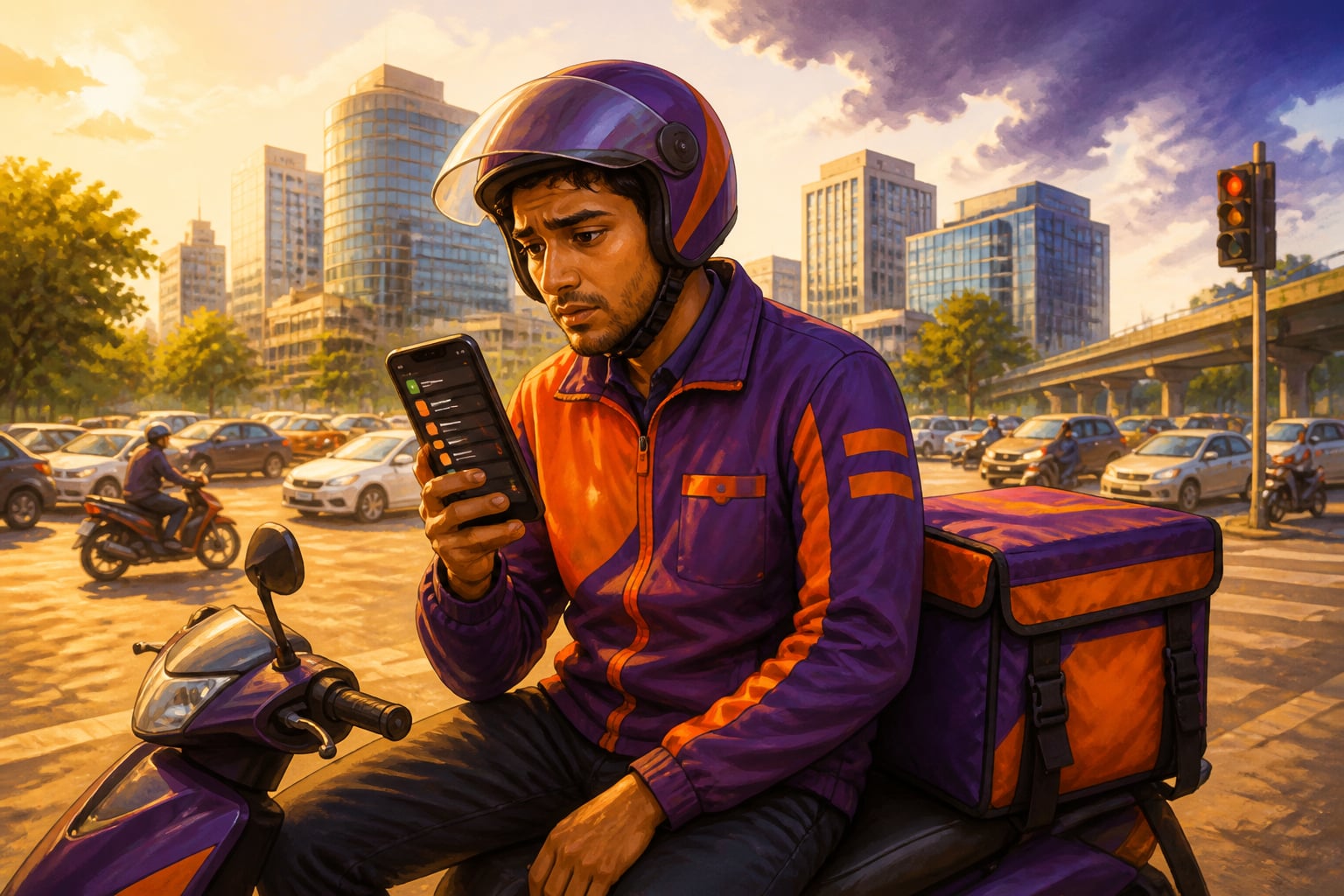 Bengaluru gig rider watching app rates on phone