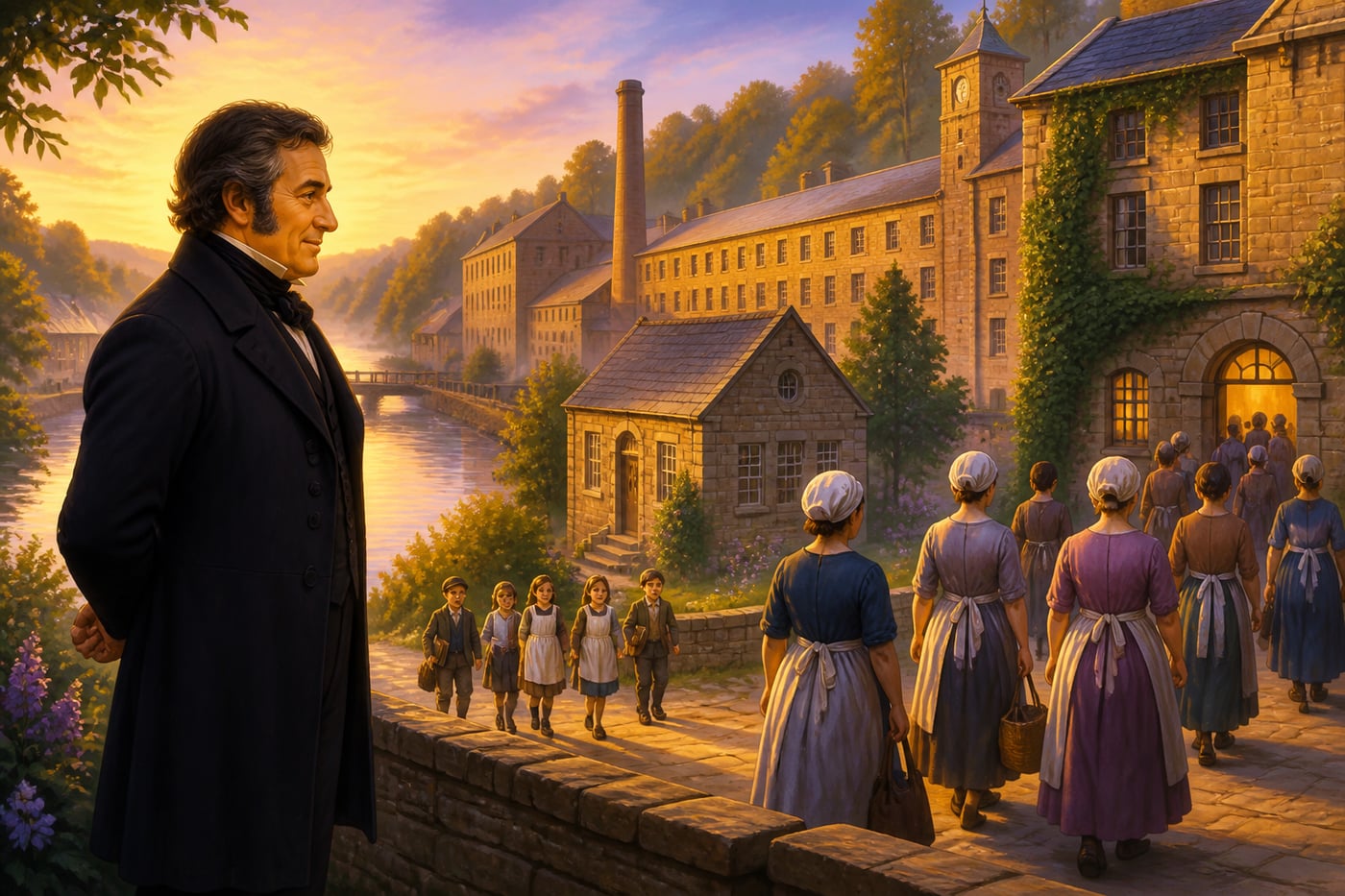 Robert Owen observing workers at New Lanark mill