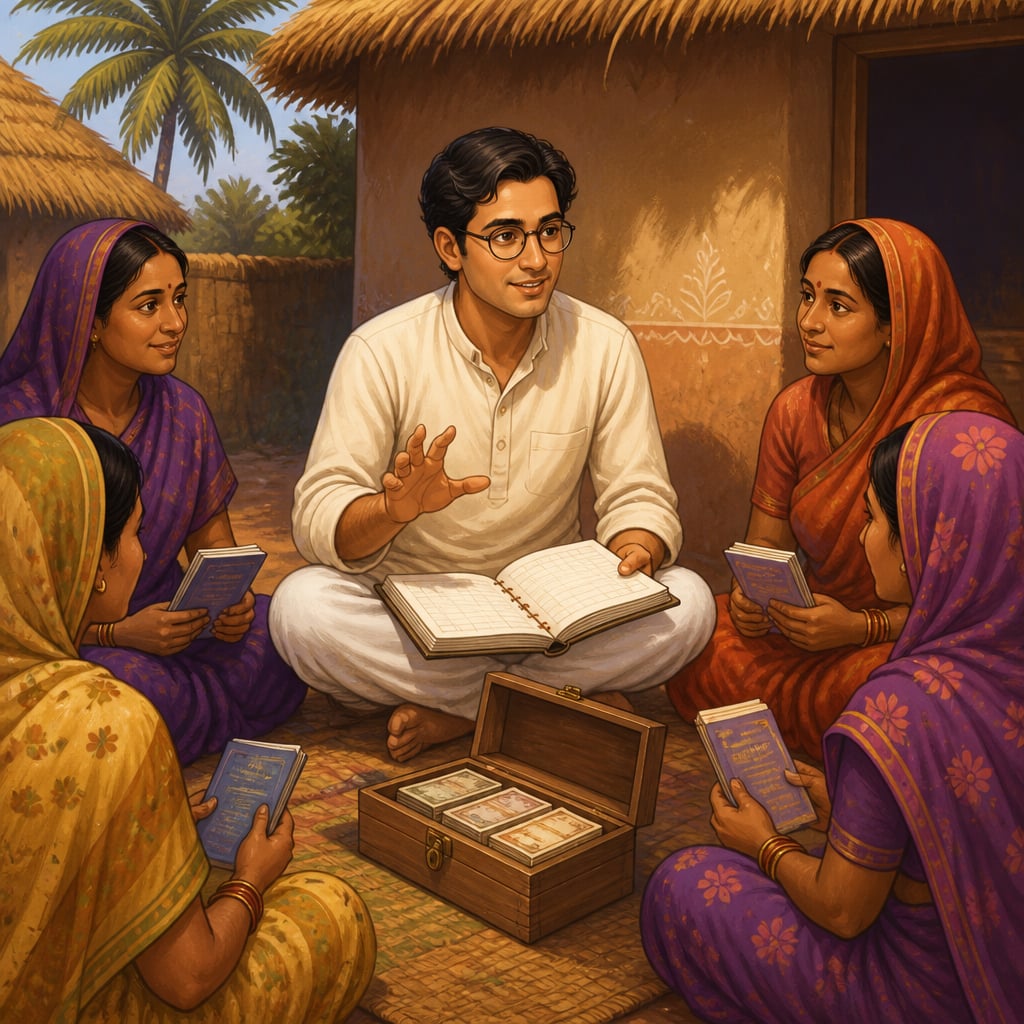 Chandra Shekhar Ghosh meeting village women borrowers