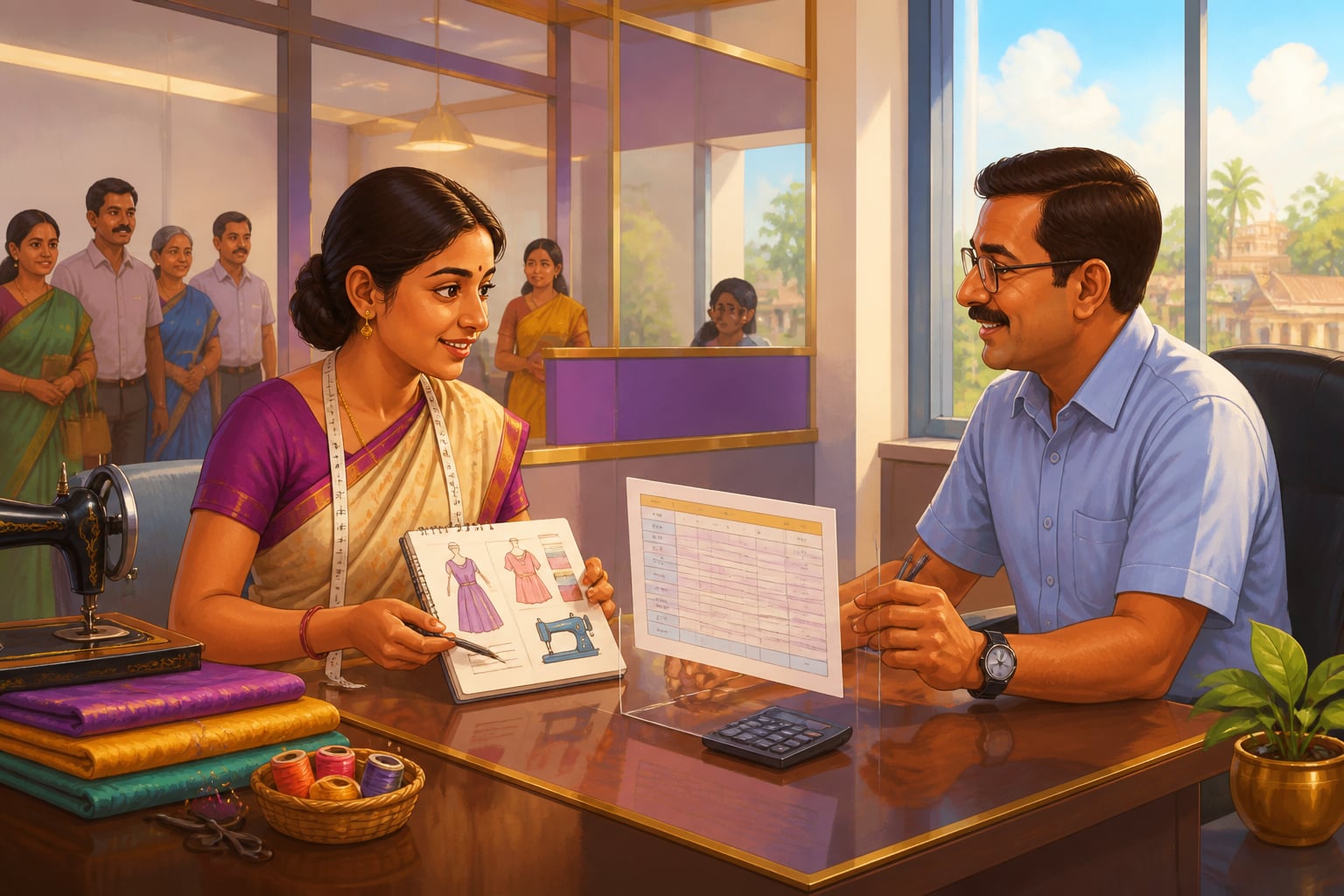 Woman tailor presenting plan at Small Finance Bank
