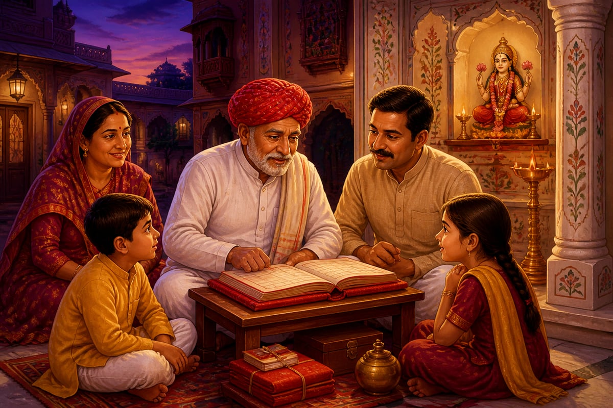 Marwari family reviewing the bahi-khata account book