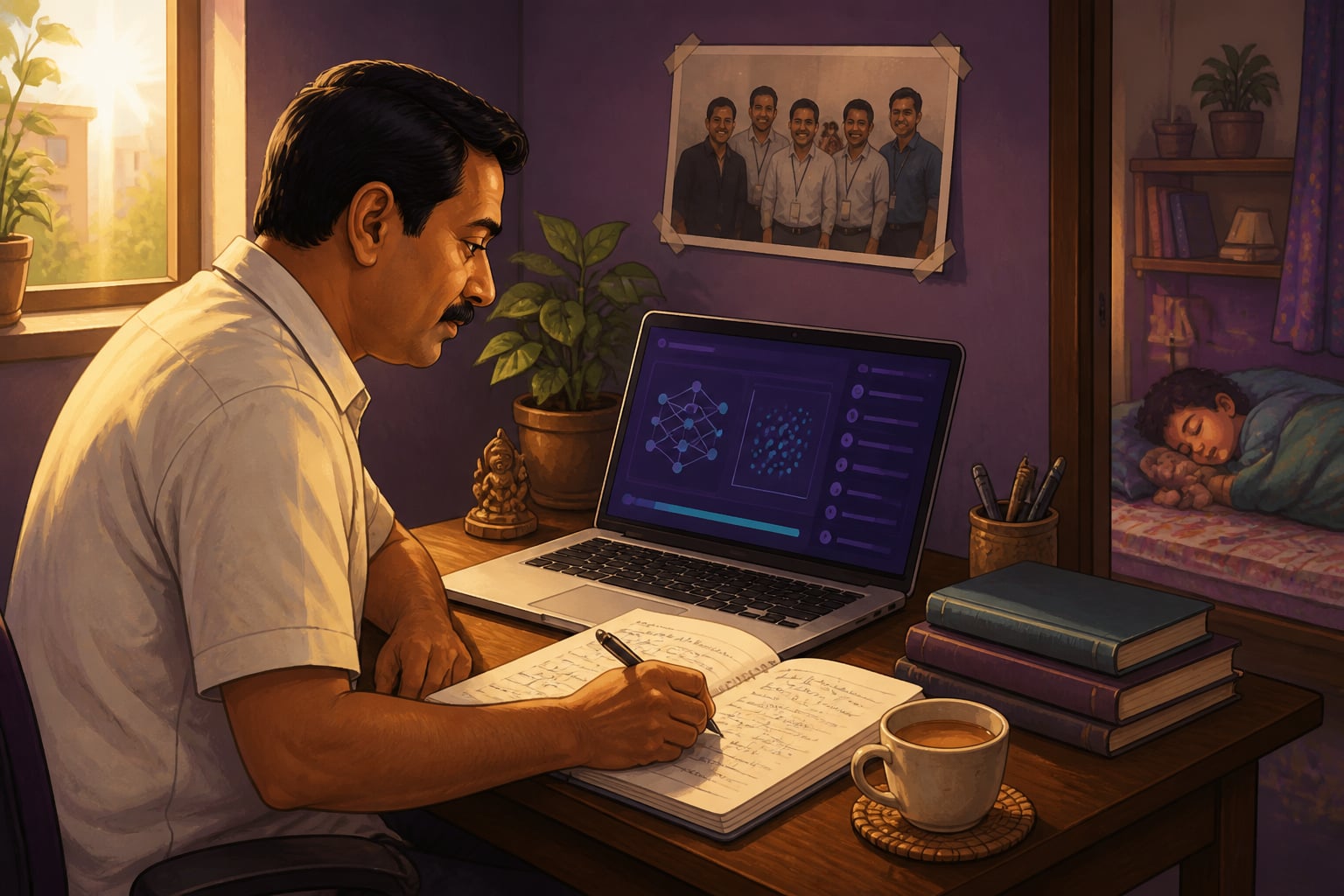 Indian worker reskilling on a laptop at home