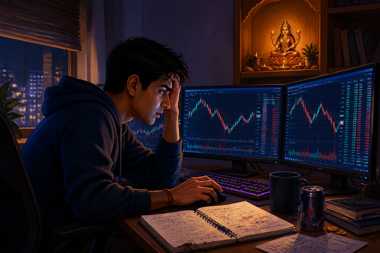 Retail crypto trader watching volatile charts at midnight