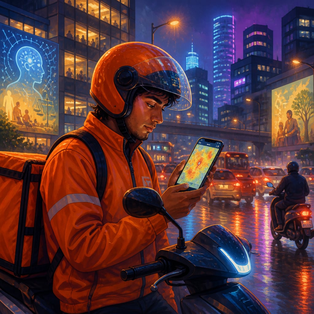 Swiggy delivery partner studying surge map in Bengaluru