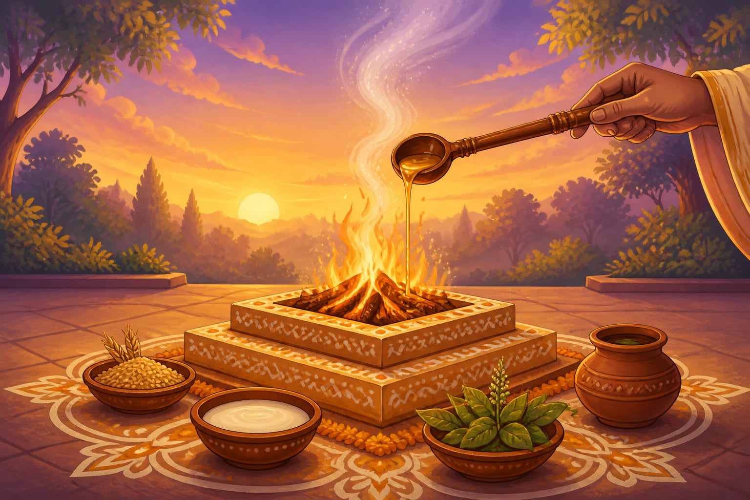 A Vedic fire altar receiving morning offerings