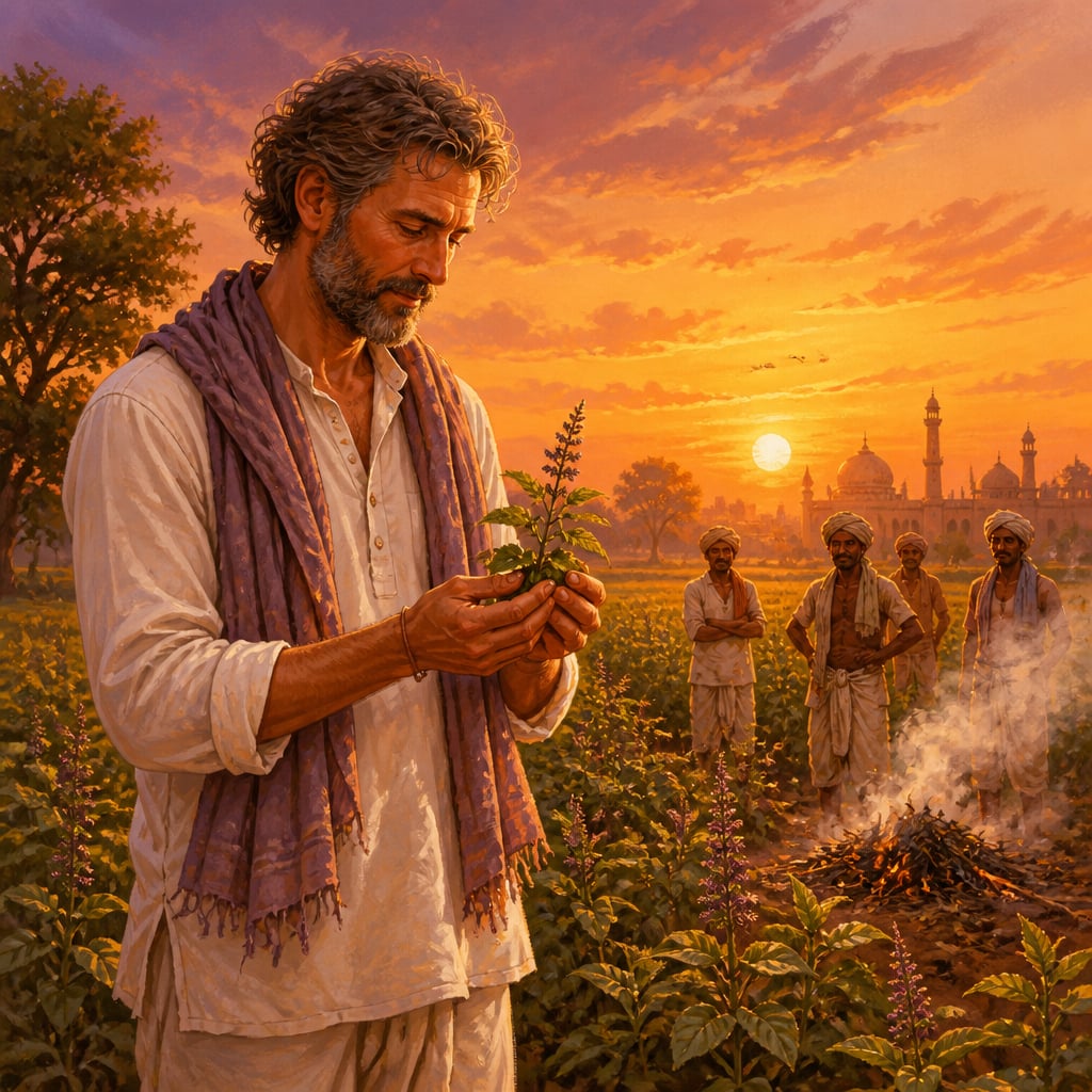 Bharat Mitra in a Lucknow tulsi field at sunset