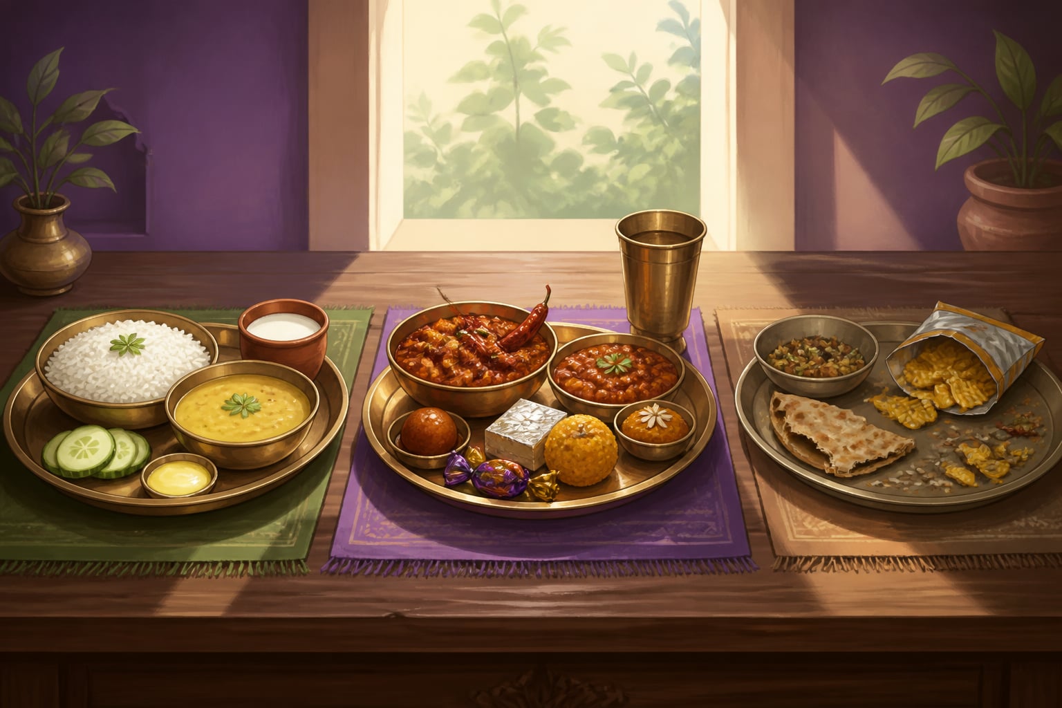 Three plates illustrating sattvic, rajasic, tamasic consumption