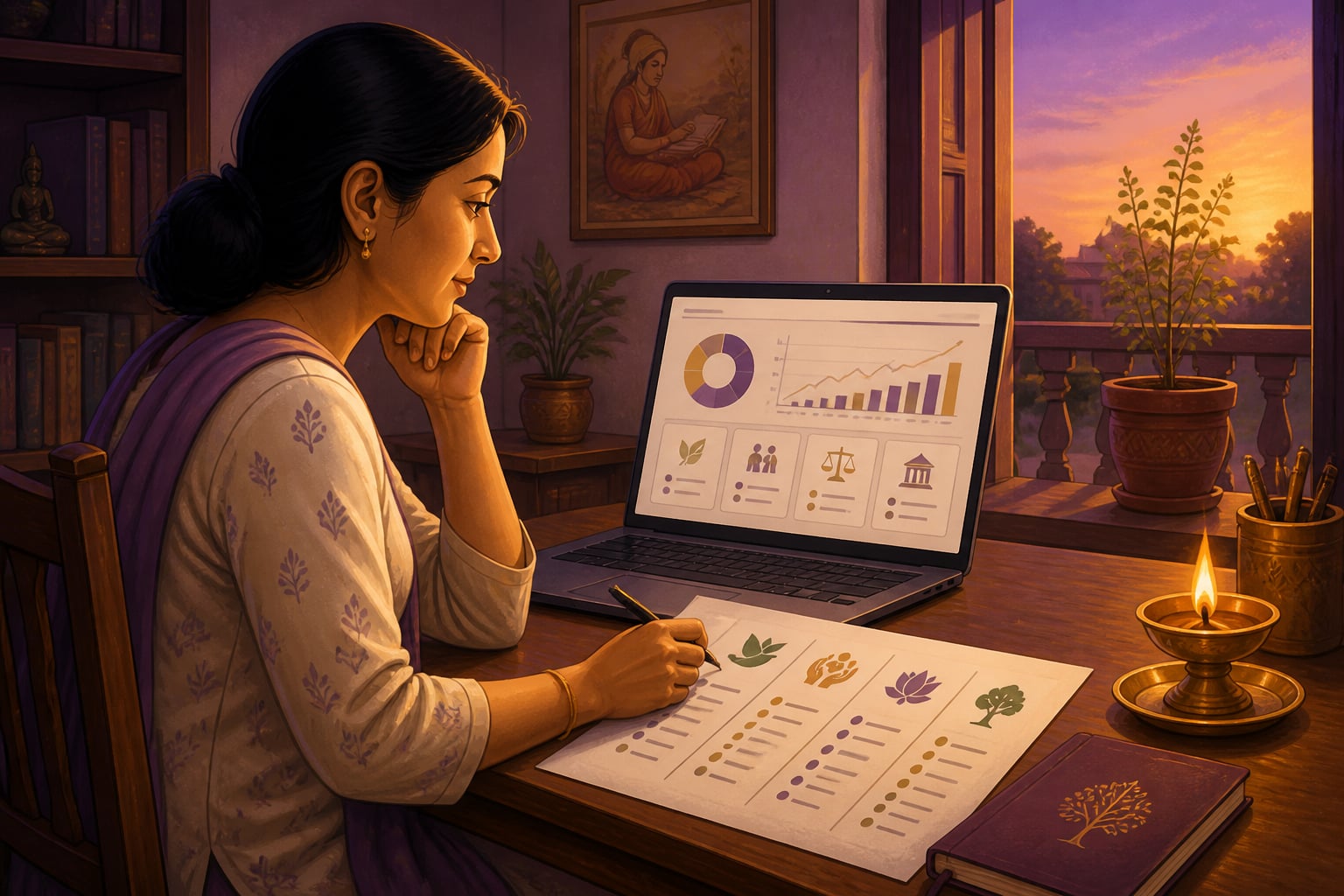 An investor reviewing a dharmic portfolio at home