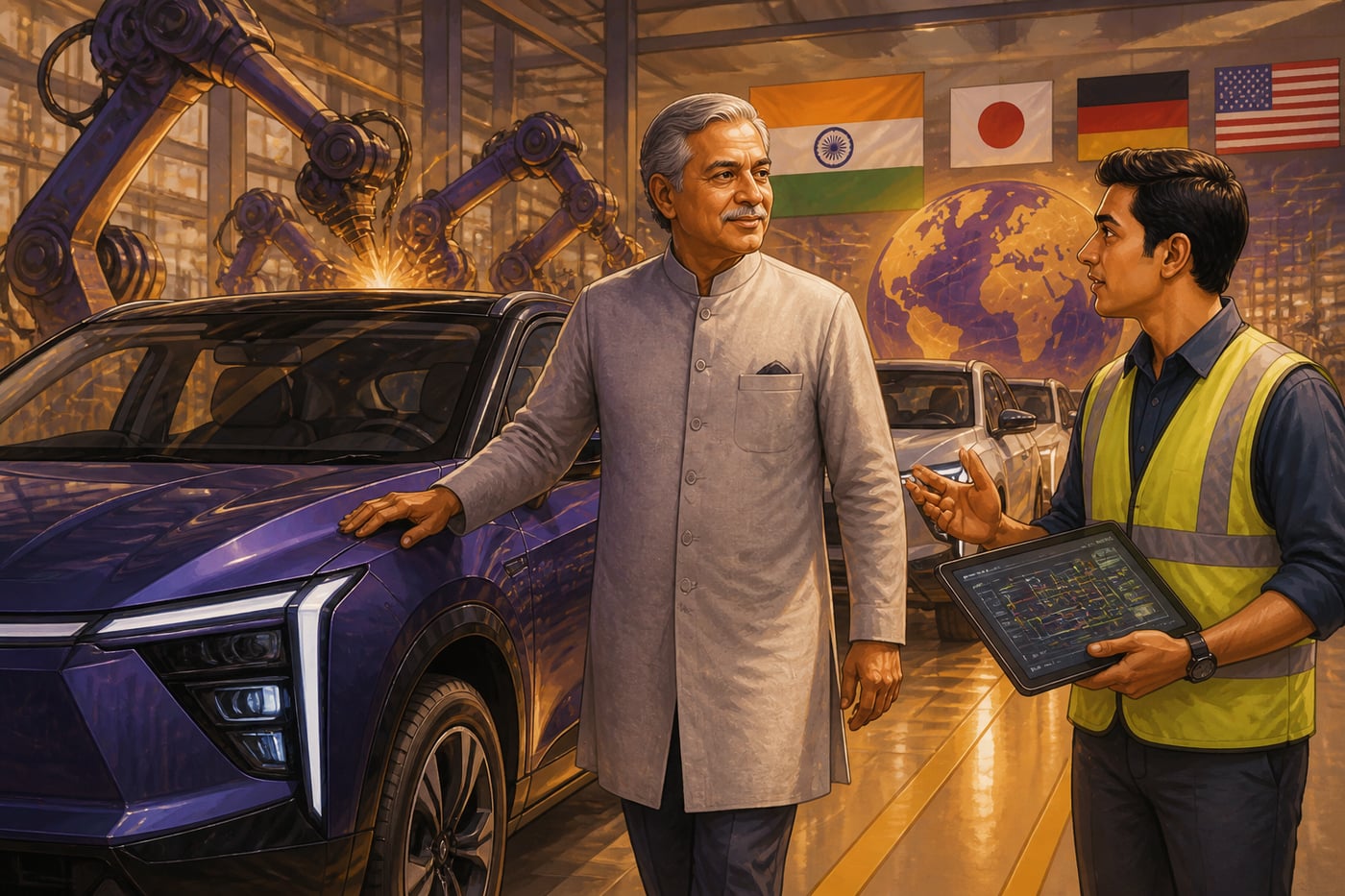 Anand Mahindra inside a Mahindra EV assembly bay