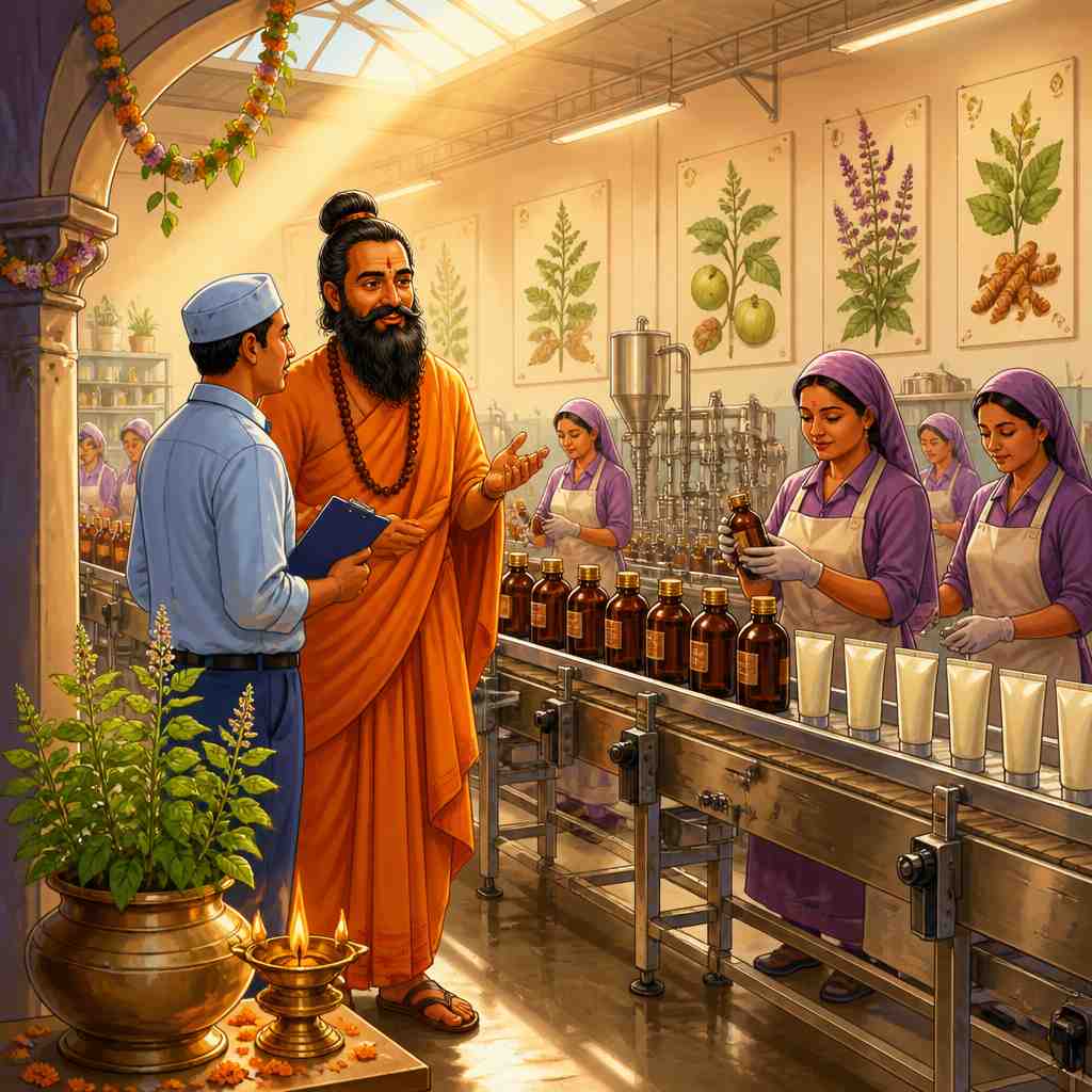 Baba Ramdev on a Patanjali manufacturing floor
