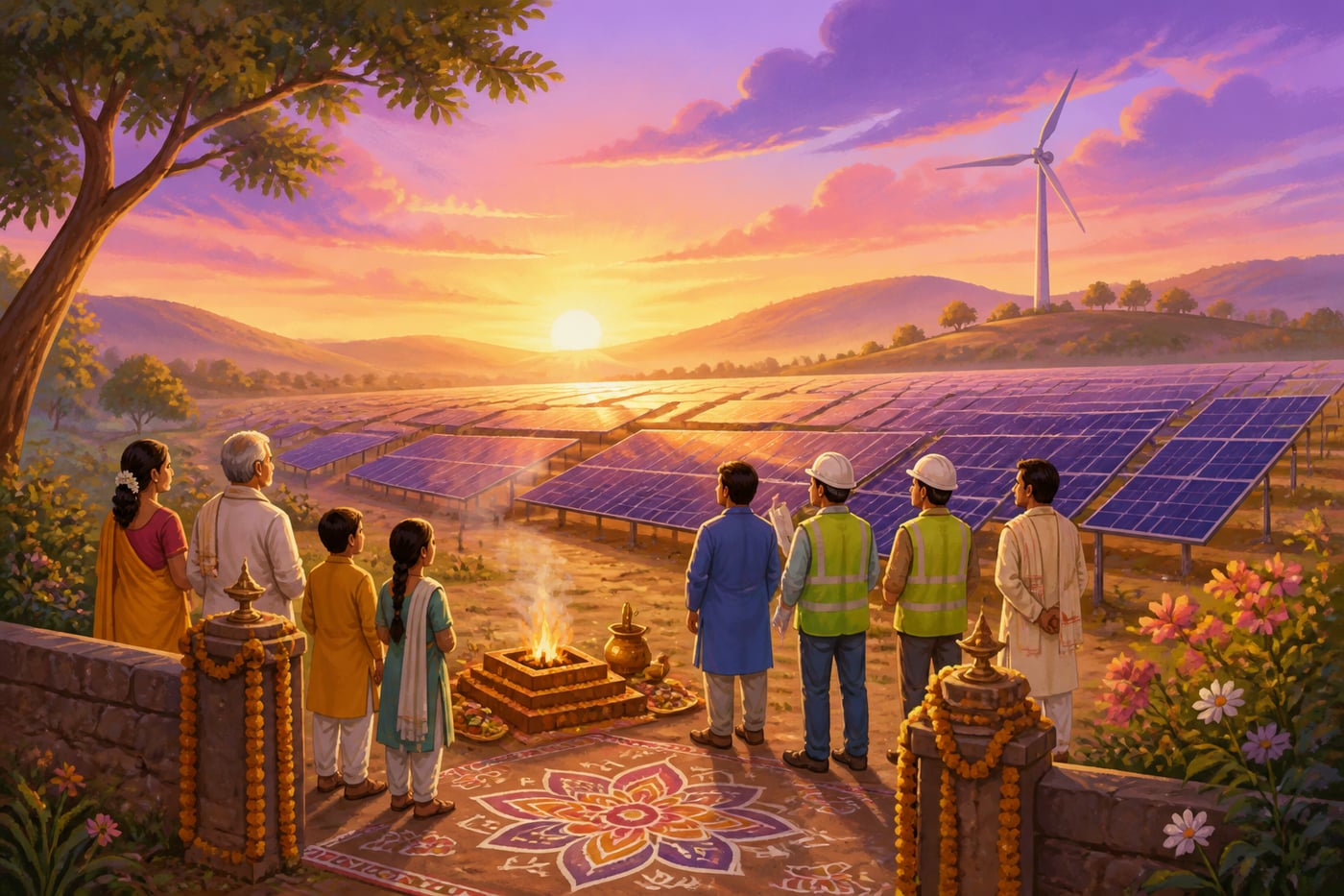 An Indian solar farm at sunrise as climate yagna