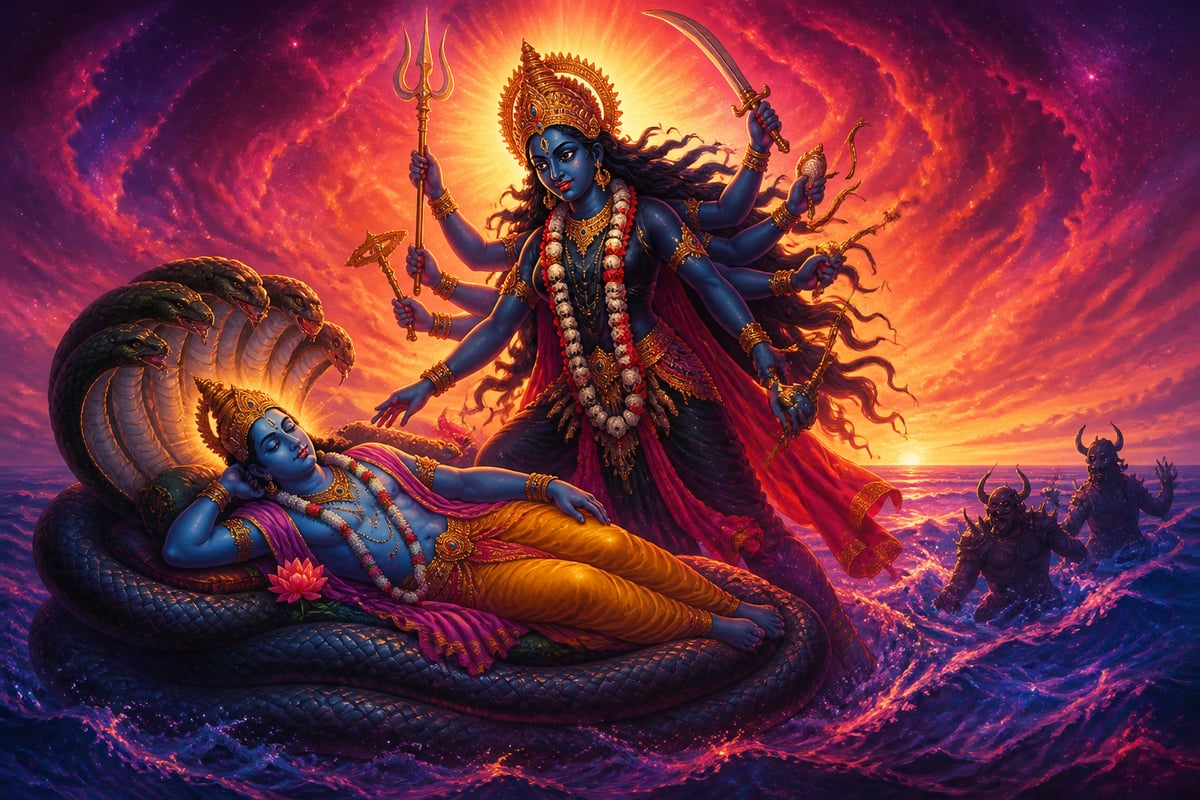 Mahakali waking Vishnu from cosmic sleep
