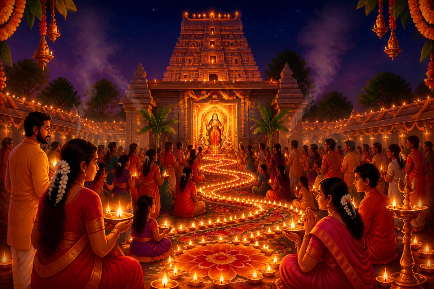 Temple courtyard glowing with Navaratri lamps and devotees