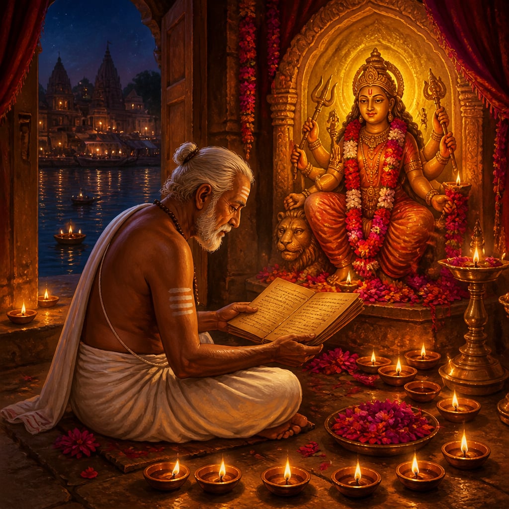Old priest opens the Devi Mahatmyam by the Ganga