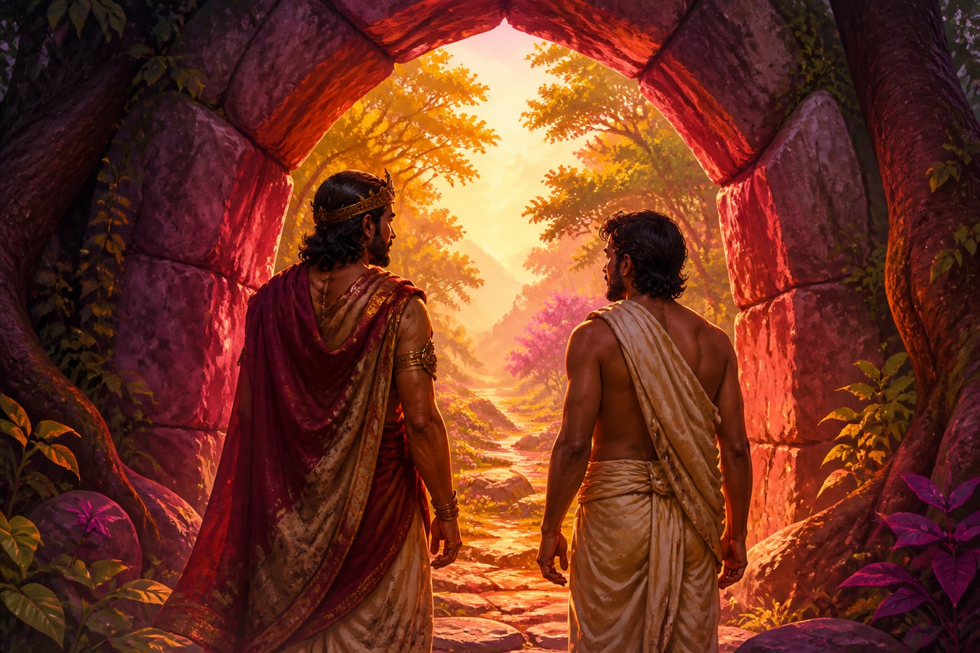 Suratha and Samadhi standing at a forest threshold