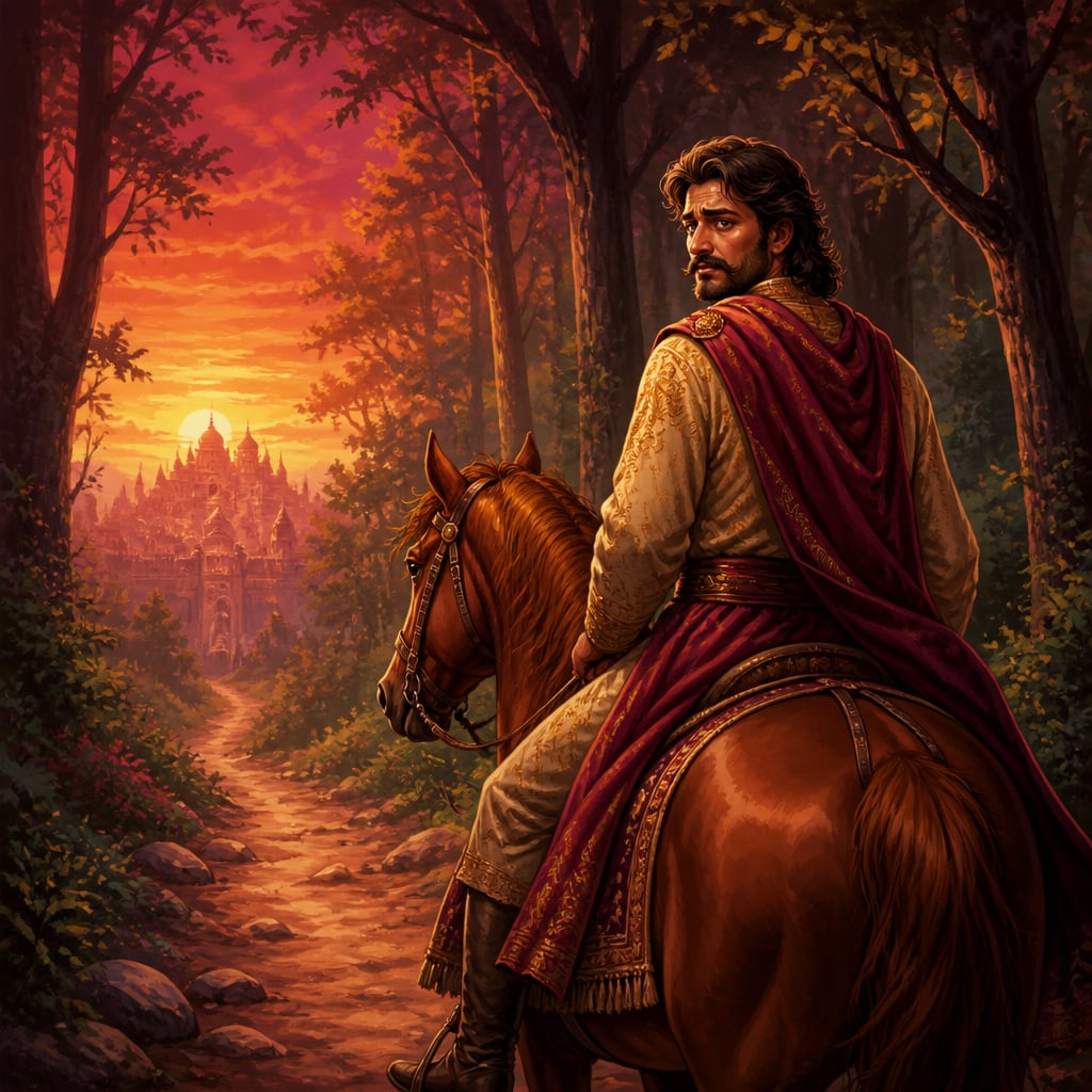 King Suratha riding alone into the forest