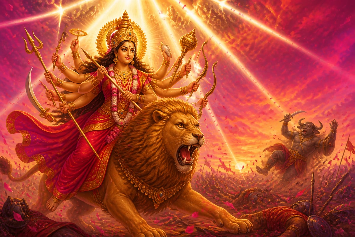 Mahalakshmi formed from the gods facing Mahishasura