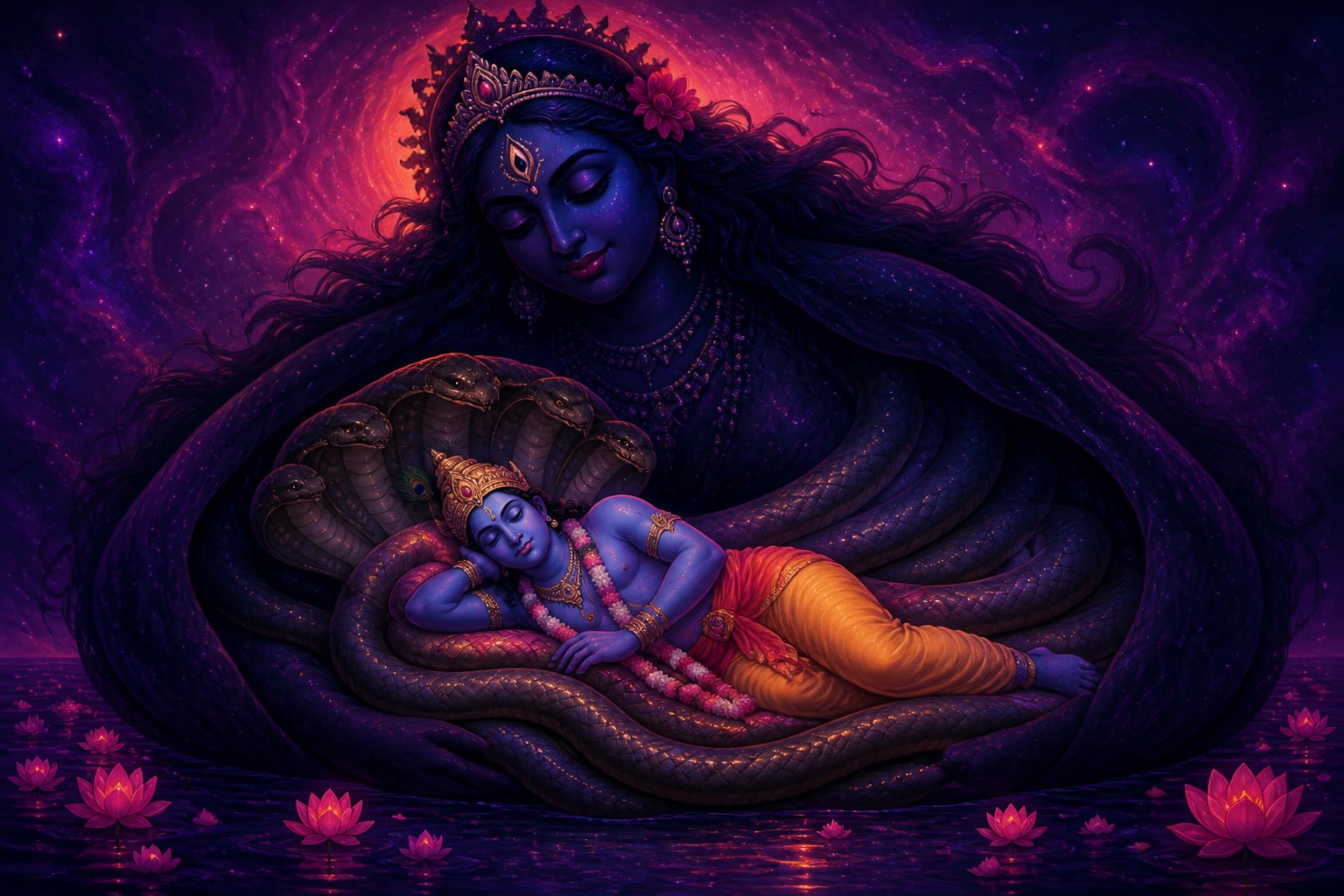 Mahakali enfolds the sleeping Vishnu in shadow