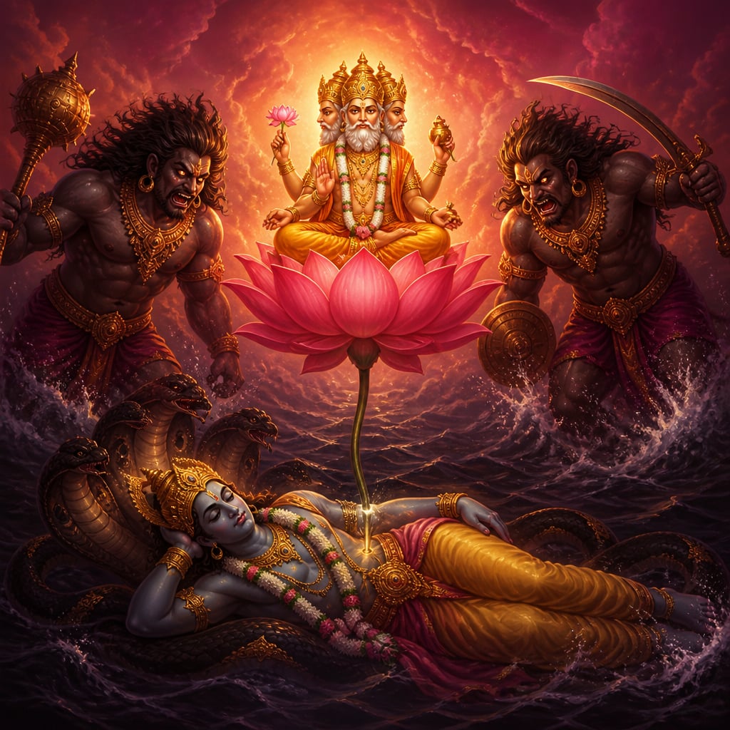 Brahma alone on the lotus as demons rise